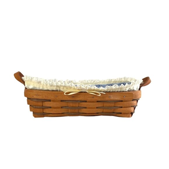 Longaberger Cracker Basket Blue & Cream Liners Plastic Protector Leather Handles - Picture 12 of 12